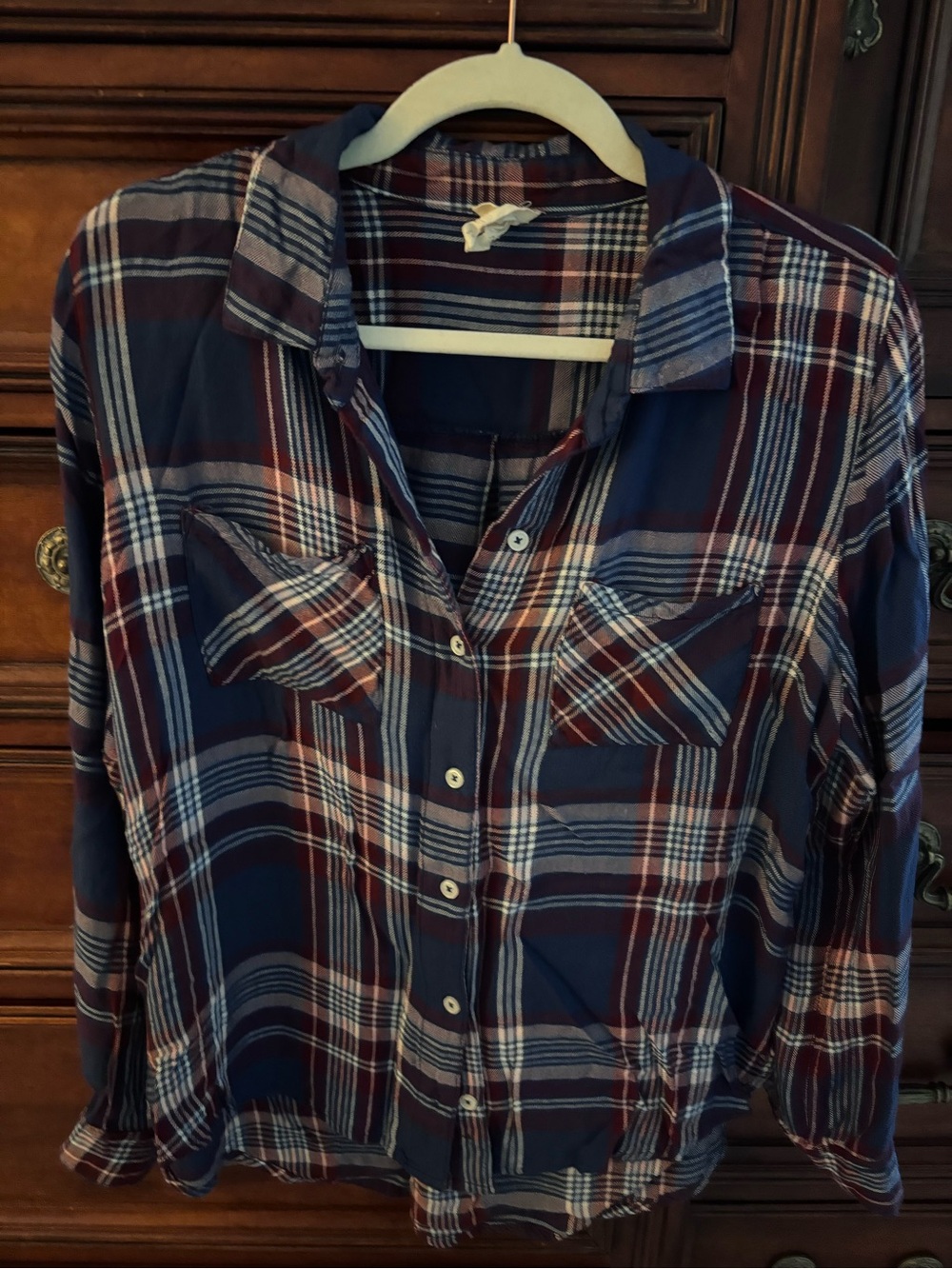 Flannel Plaid Button-Front Women's Shirt - Navy & Burgundy